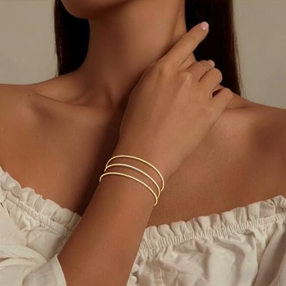 Dainty Thin Gold Bangle Cuff Bracelet Set Stackable Minimalist Jewelry - Picture 3 of 8